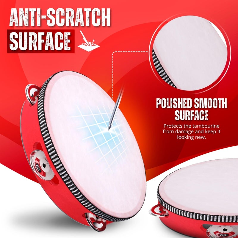 Flexzion Wood Handheld Tambourines - 8 and 6 Inch Set of 2 Pack, with Single Row Metal Jingle Bell (Red) Hand Held Tambourine Percussion Drum Moon Musical Instrument - Image 2